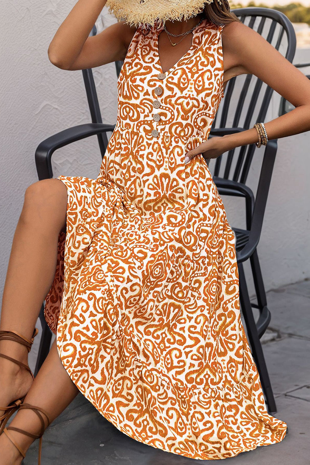 Robe d’été ligne à col en V orange imprimée