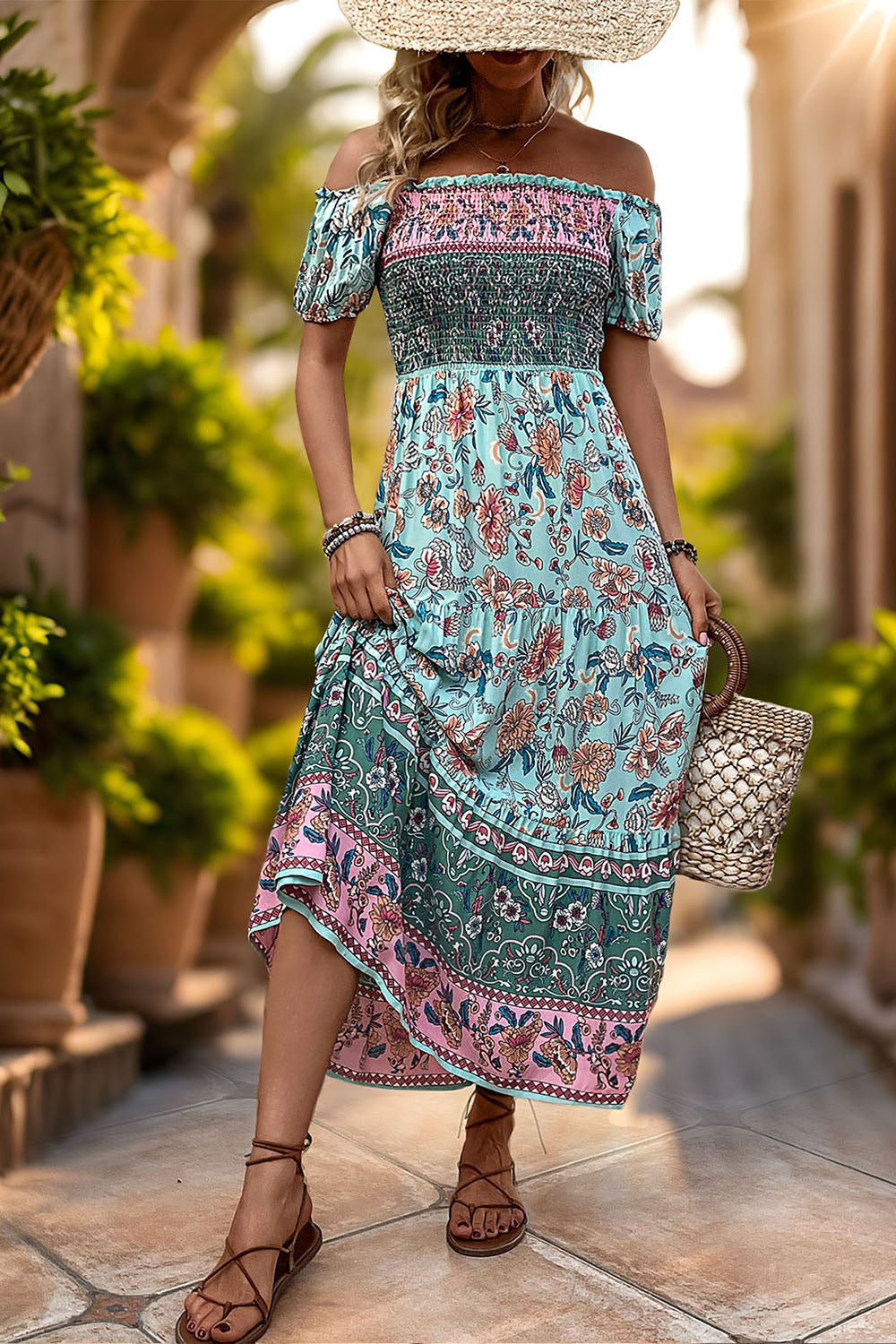 Robe d’été imprimée verte à épaules dénudées