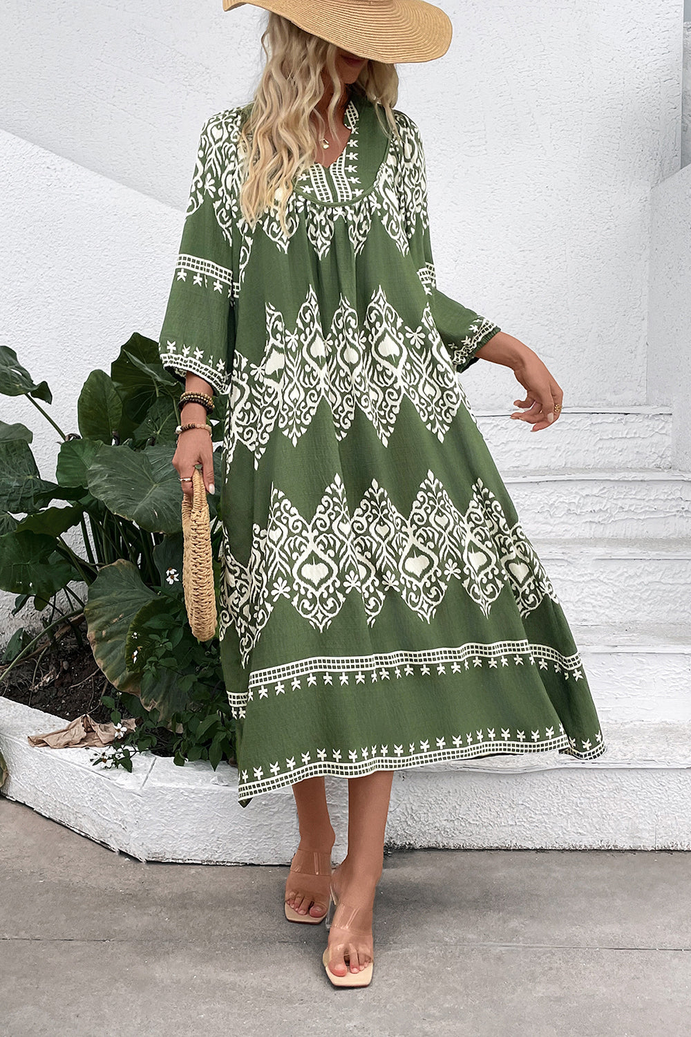 Casual Vert Robe D’été Imprimée De Ligne