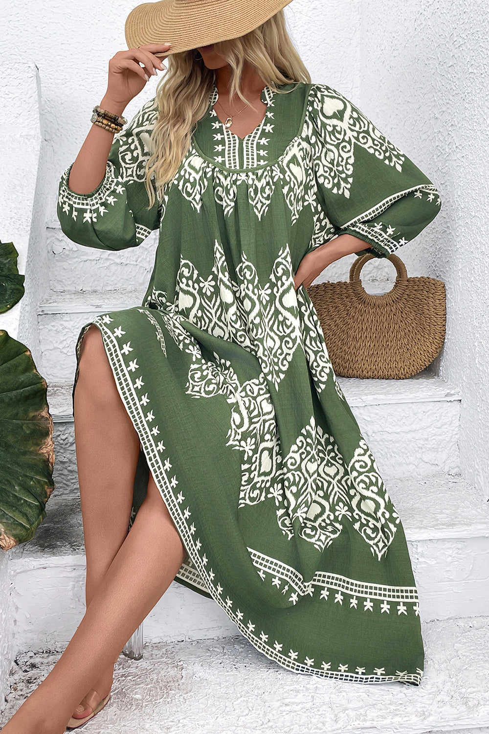Casual Vert Robe D’été Imprimée De Ligne