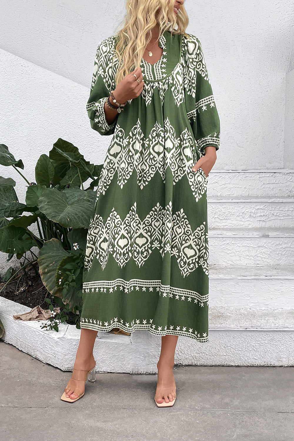 Casual Vert Robe D’été Imprimée De Ligne