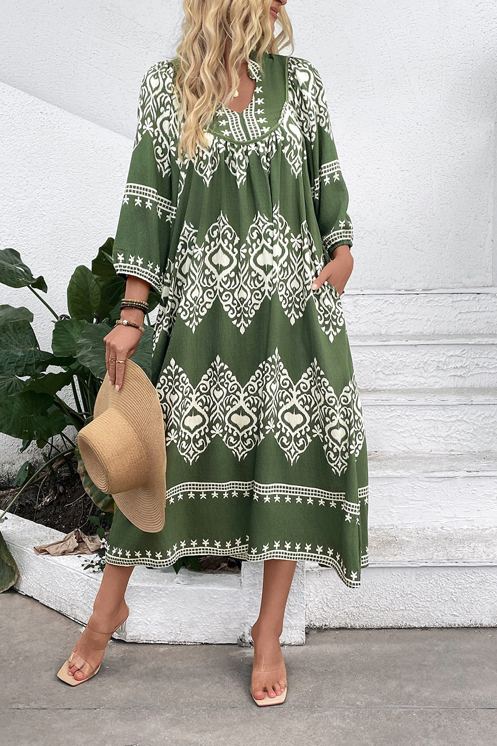 Casual Vert Robe D’été Imprimée De Ligne