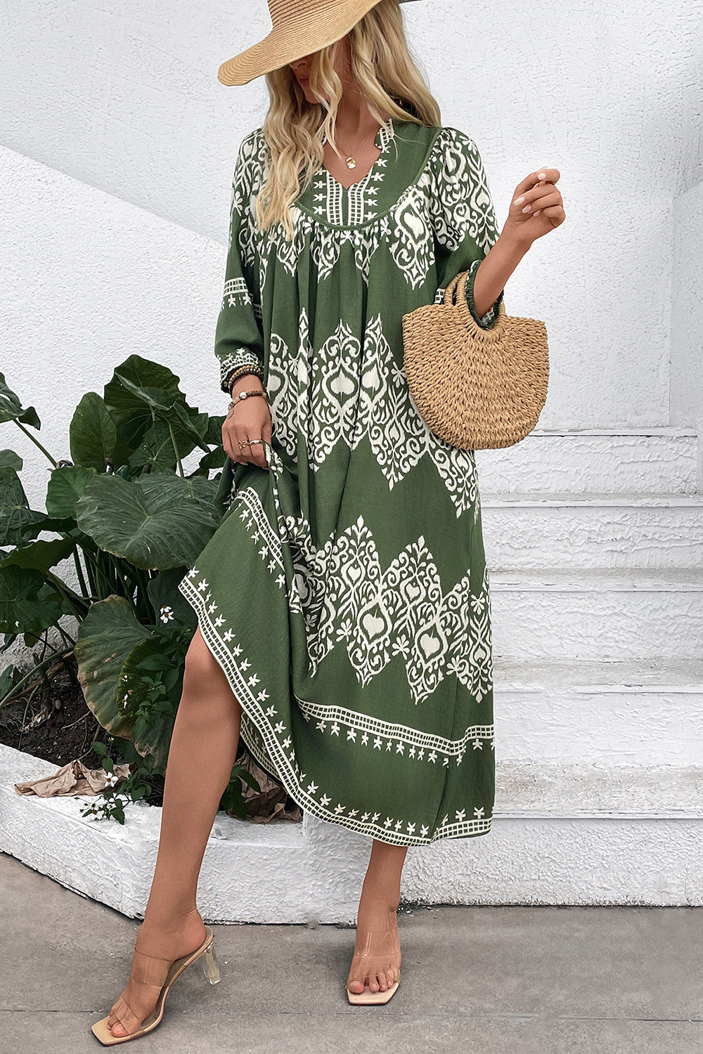 Casual Vert Robe D’été Imprimée De Ligne