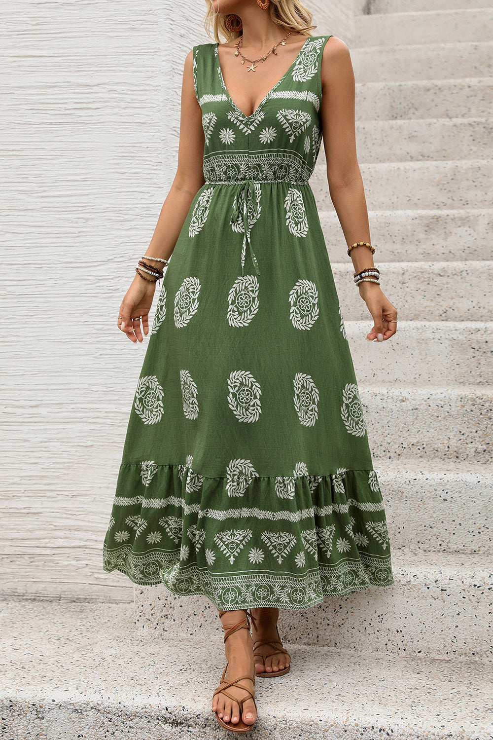 Robe longue d’été imprimée vert armée