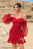 Corset Robe de cocktail rouge moulante à épaules dénudées avec perles