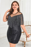 Noir illusion col paillettes scintillant courte grande taille robe de bal avec franges
