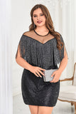 Noir illusion col paillettes scintillant courte grande taille robe de bal avec franges