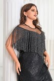 Noir illusion col paillettes scintillant courte grande taille robe de bal avec franges