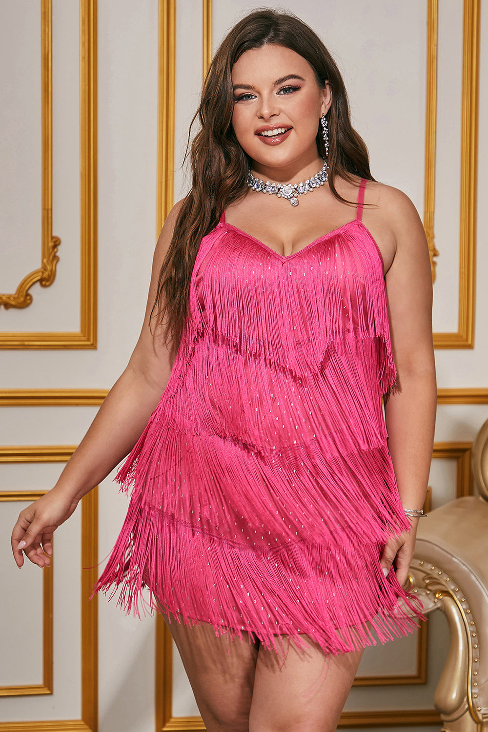 Hot Pink scintillant spaghetti bretelles Short Plus Size Homecoming Dress avec franges