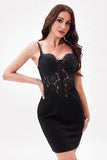 Noir Spaghetti Straps Moulante Robe courte de retour à la maison avec appliques