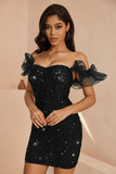 Robe de cocktail courte moulante corset à volants noir scintillant