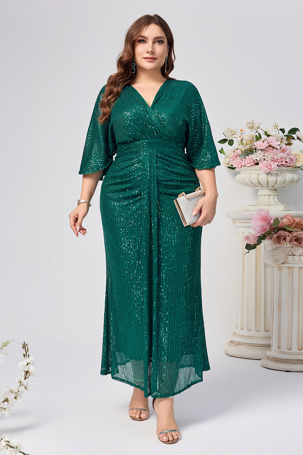 Robe longue mère de la mariée sirène vert foncé scintillante avec manches