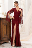 Robe longue mère de la mariée en dentelle bordeaux sirène avec fente