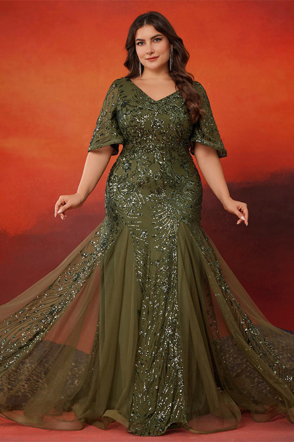 Robe longue mère de la mariée en tulle sirène olive scintillante
