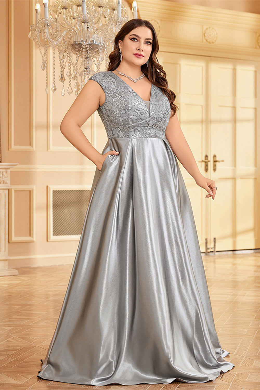 Fard à joues rose grande taille satin longue mère de la mariée robe