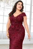 Robe longue grande taille bordeaux scintillante de la mère de la mariée
