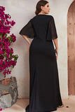 Robe longue mère de la mariée en mousseline de soie noire grande taille avec volants