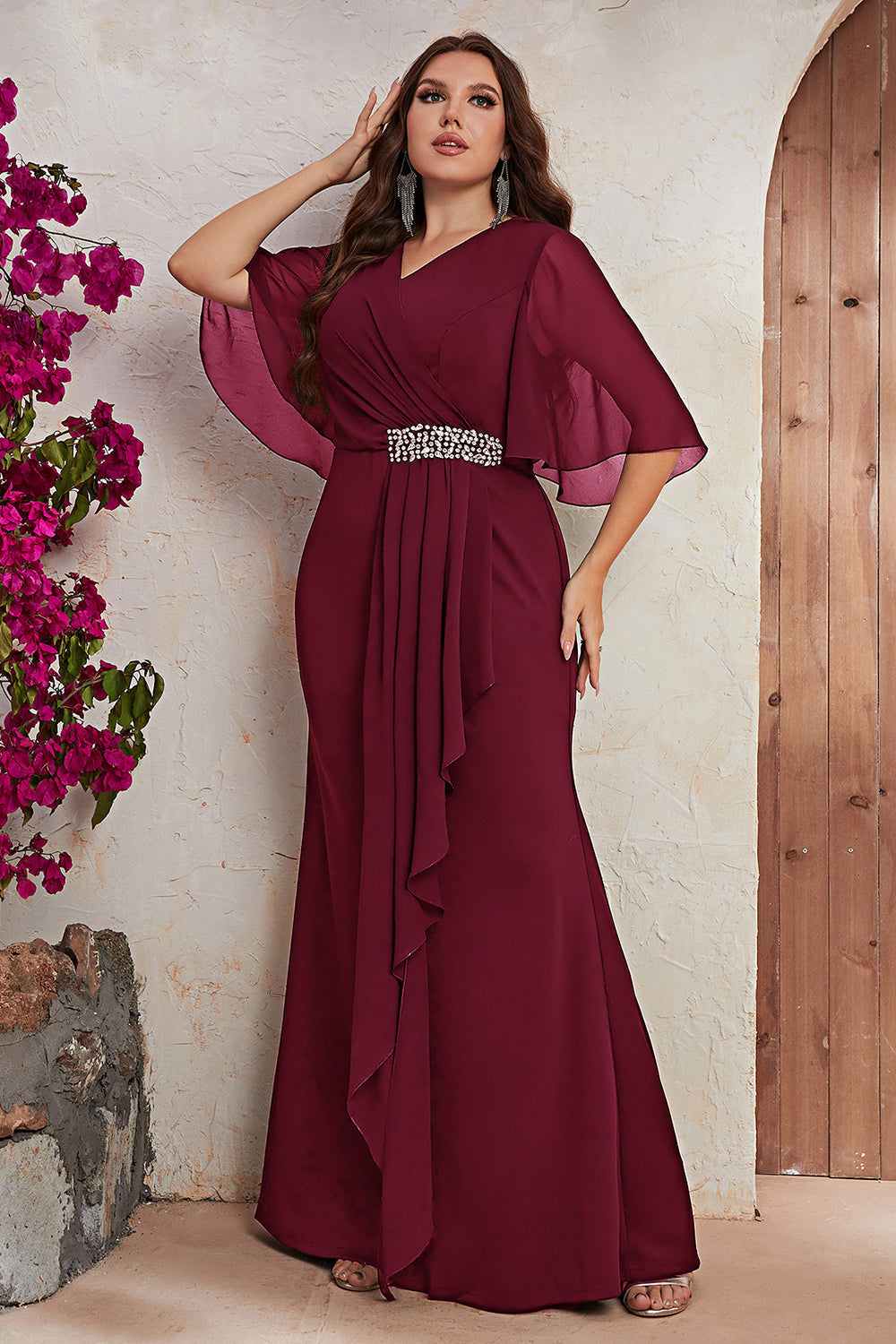 Robe longue mère de la mariée en mousseline de soie noire grande taille avec volants