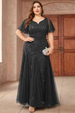 Robe longue mère de la mariée noire scintillante grande taille avec appliques