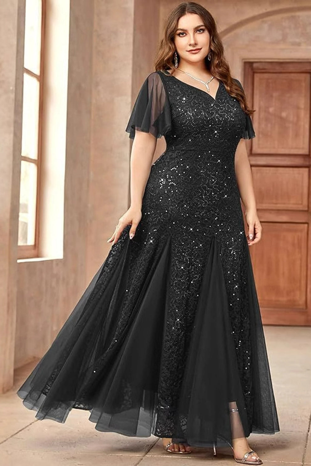 Robe longue mère de la mariée noire scintillante grande taille avec appliques