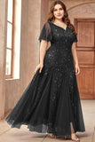 Robe longue mère de la mariée noire scintillante grande taille avec appliques