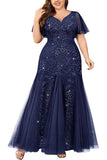 Robe longue mère de la mariée noire scintillante grande taille avec appliques
