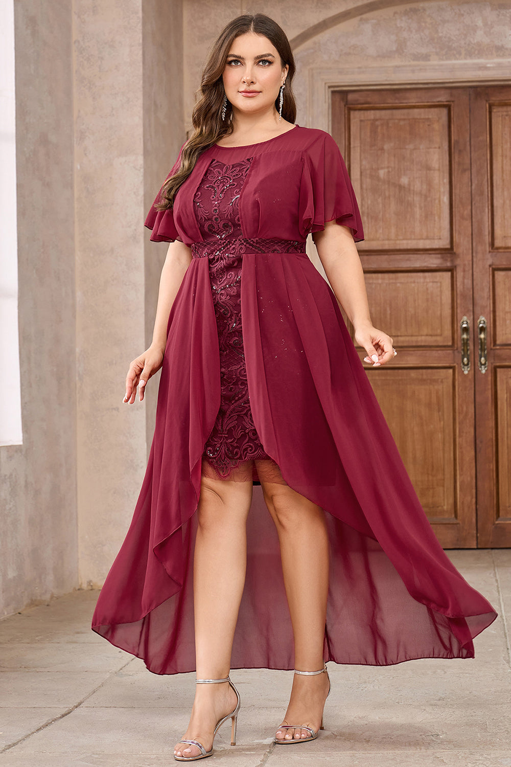 Robe de mère de la mariée en mousseline de soie bordeaux avec dentelle