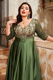 Olive grande taille satin longue mère de la mariée robe avec appliques