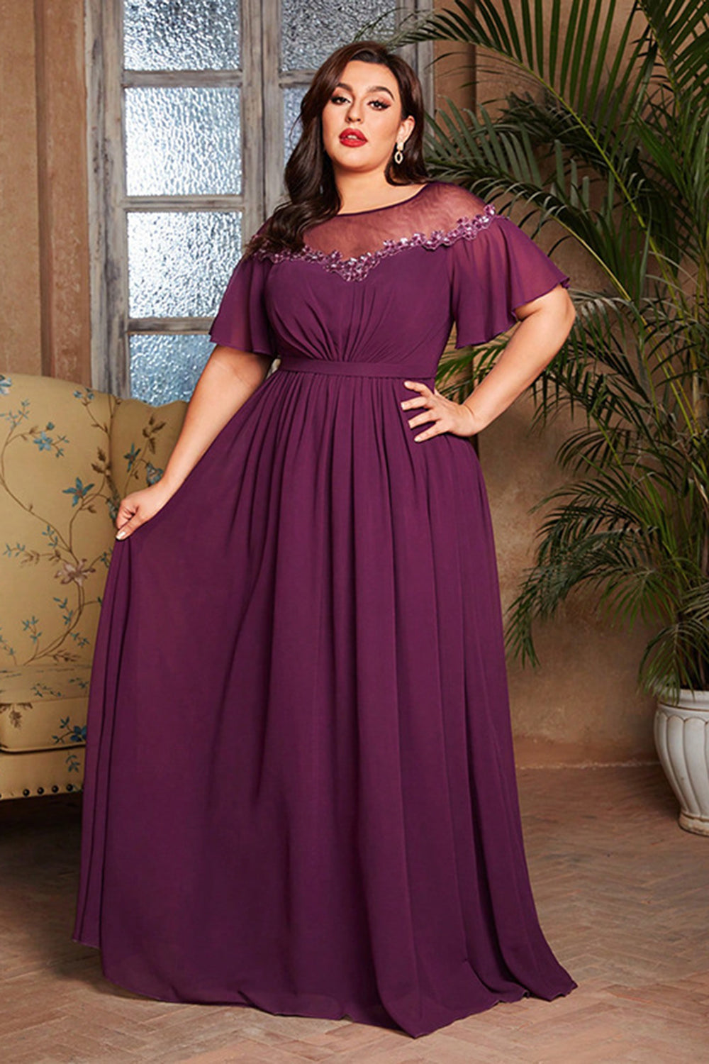 Robe longue mère de la mariée en mousseline de soie de raisin col bateau
