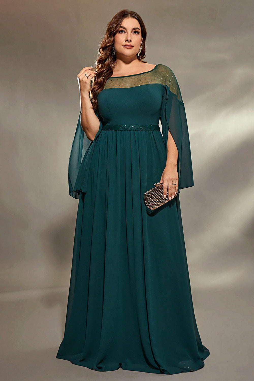 Mousseline de soie bleu paon scintillant longue robe mère de la mariée avec perles