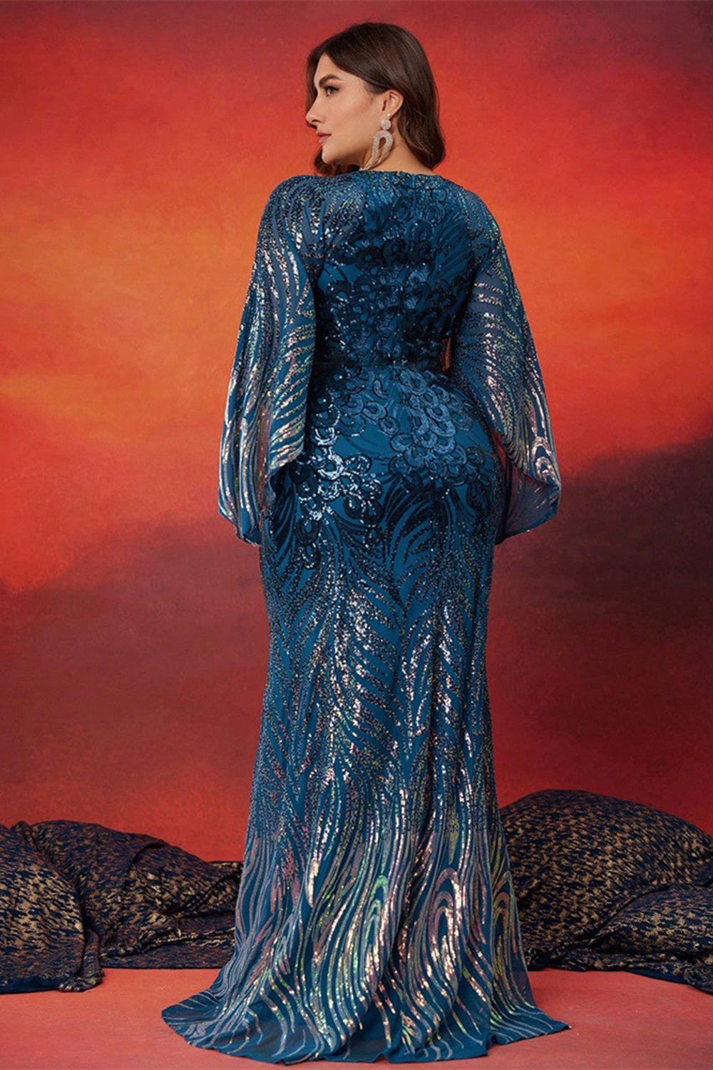 Robe longue mère de la mariée sirène bleu paon scintillant