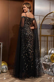 Robe longue mère de la mariée en tulle d’or noir avec cape