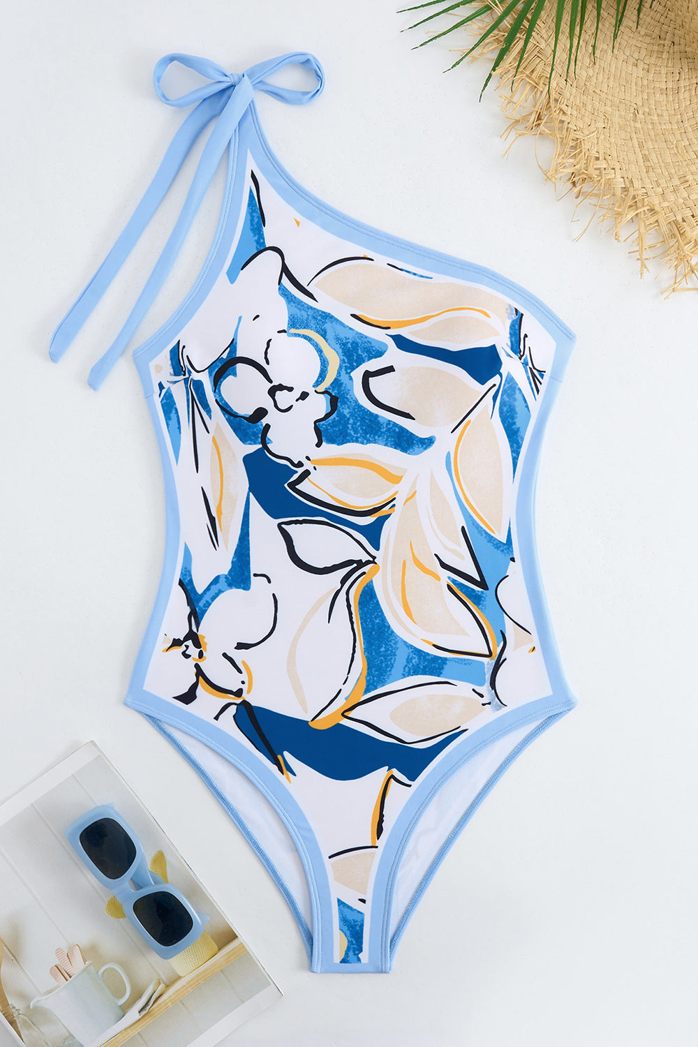 Maillot de bain bleu plage imprimé une épaule