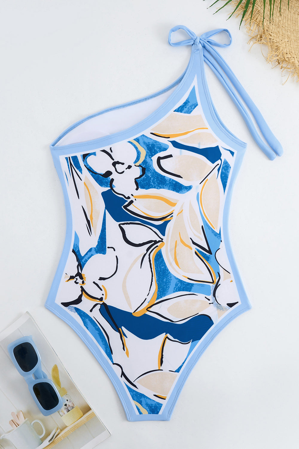 Maillot de bain bleu plage imprimé une épaule