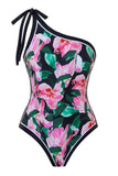 Maillot de bain floral rose noir à une épaule