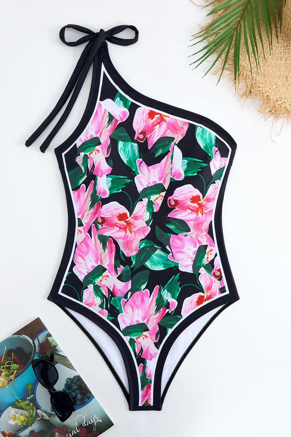 Maillot de bain floral rose noir à une épaule