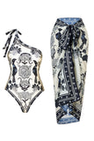 Noir Blanc Maillot de bain de plage à une épaule imprimé avec couverture