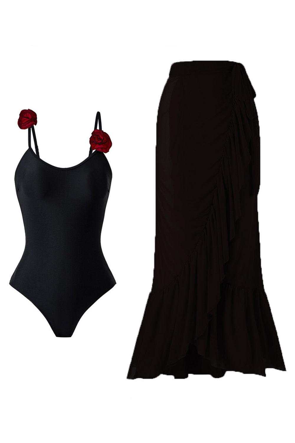 Maillot de bain une pièce à bretelles spaghetti noir avec couverture à volants