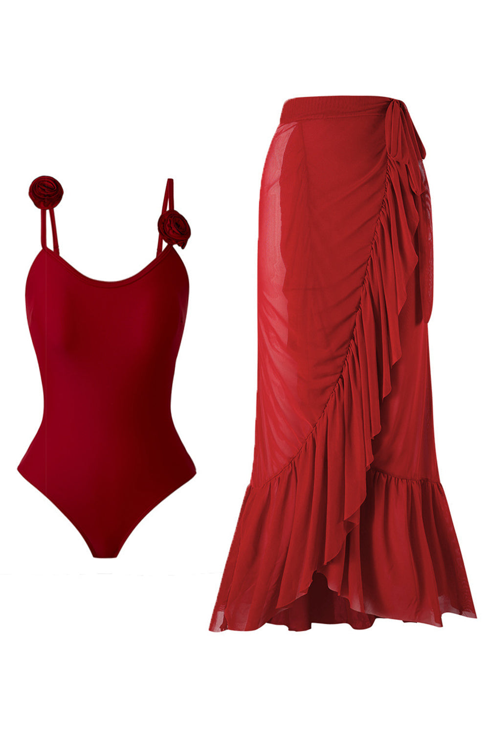 Maillot de bain une pièce à bretelles spaghetti noir avec couverture à volants