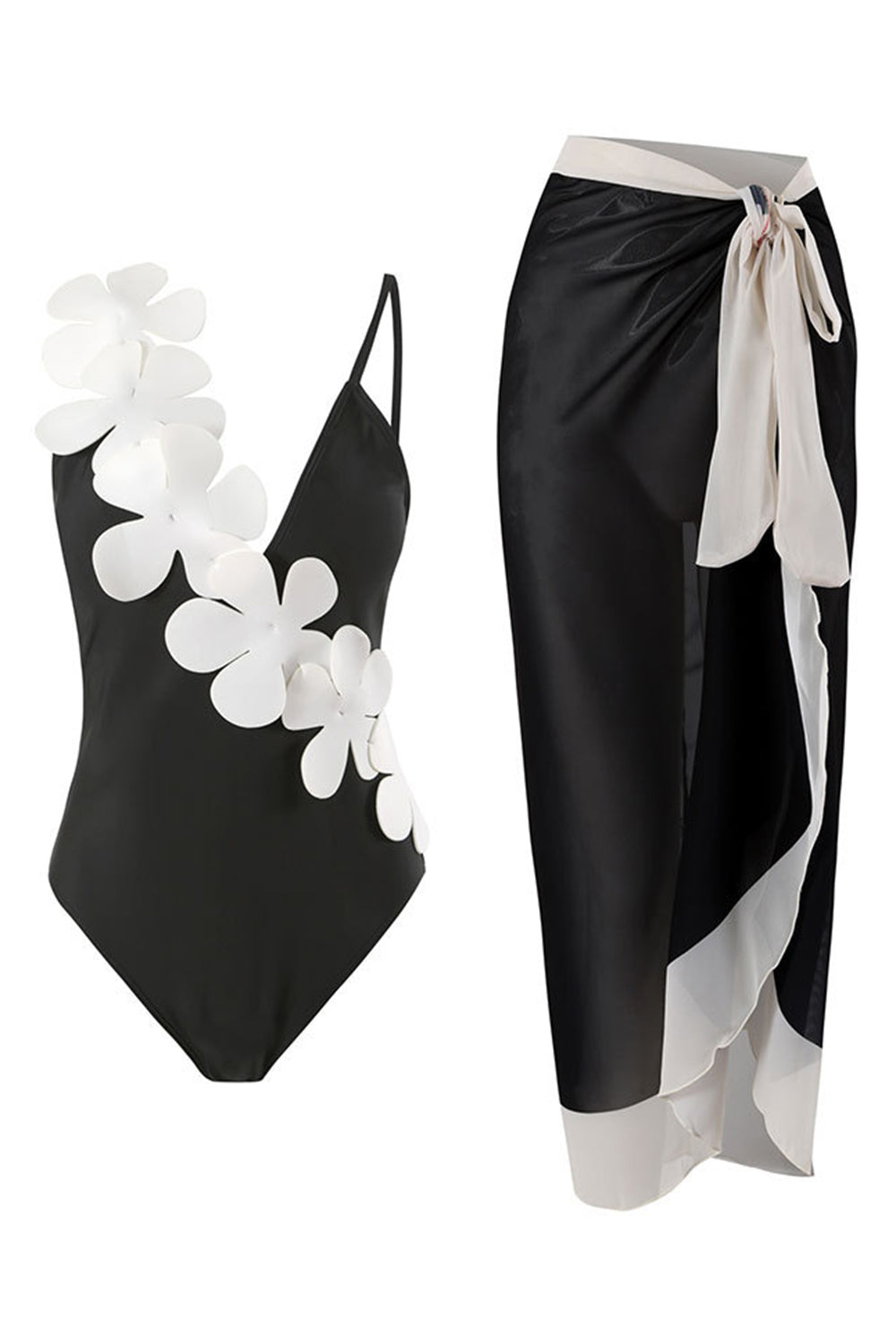 Noir Blanc Une pièce Col V Maillot de Bain de Plage avec Fleurs 3D