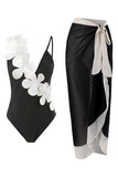 Noir Blanc Une pièce Col V Maillot de Bain de Plage avec Fleurs 3D