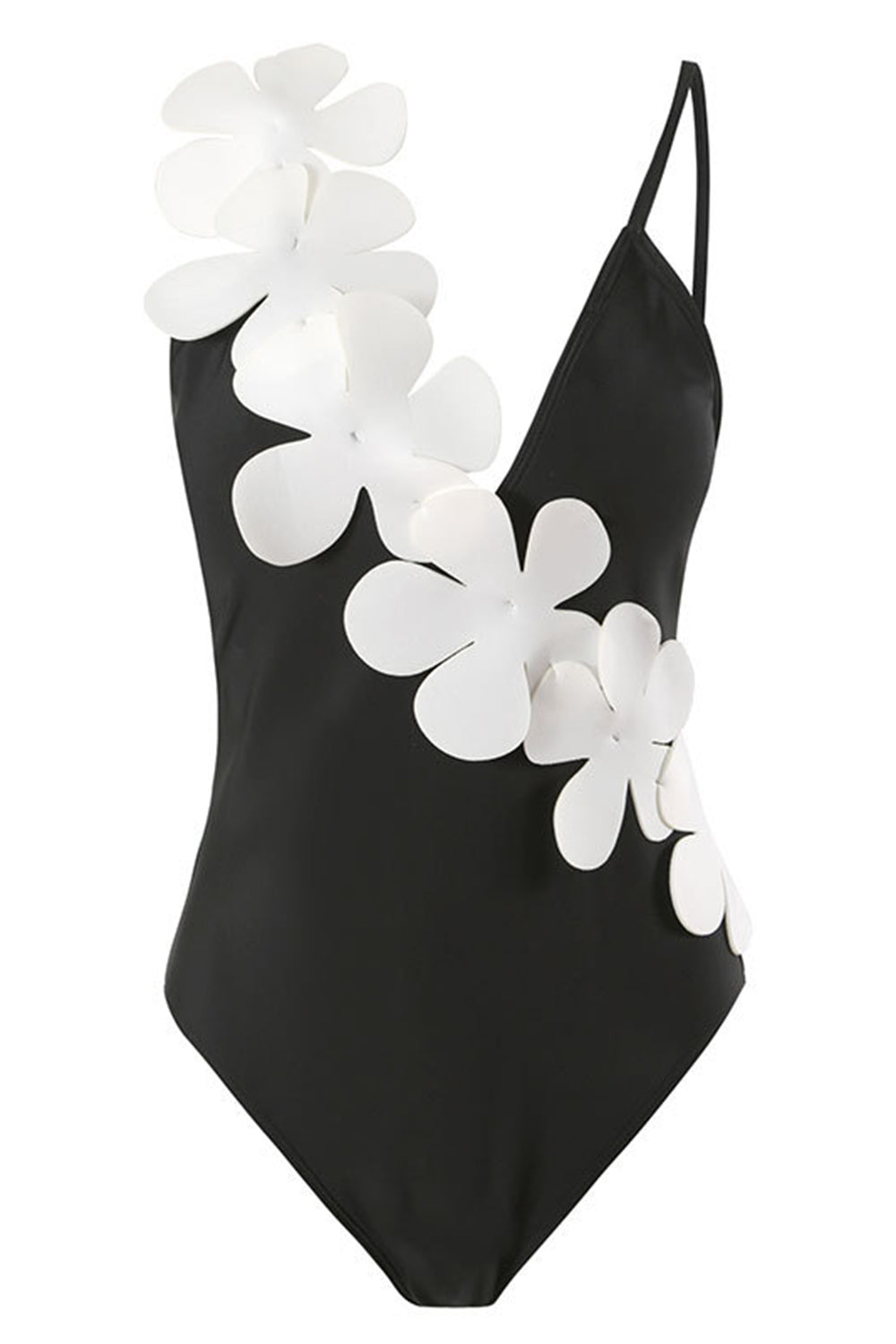 Noir Blanc Une pièce Col V Maillot de Bain de Plage avec Fleurs 3D