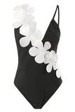 Noir Blanc Une pièce Col V Maillot de Bain de Plage avec Fleurs 3D