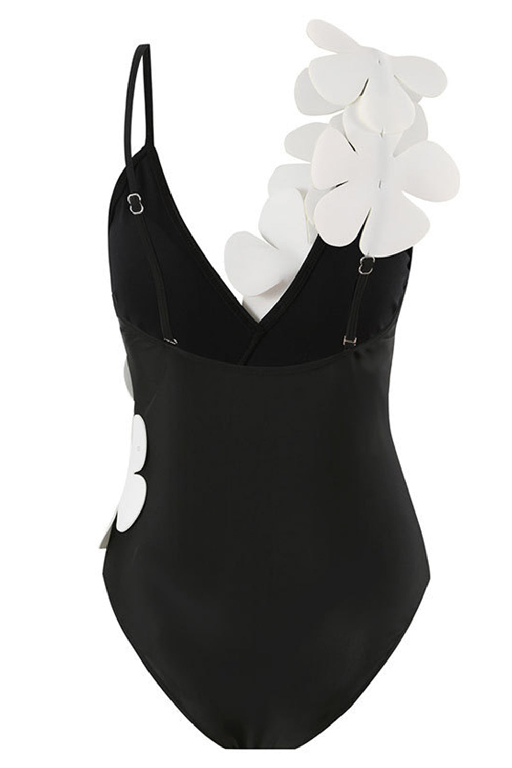 Noir Blanc Une pièce Col V Maillot de Bain de Plage avec Fleurs 3D
