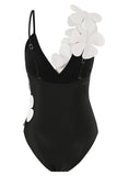 Noir Blanc Une pièce Col V Maillot de Bain de Plage avec Fleurs 3D