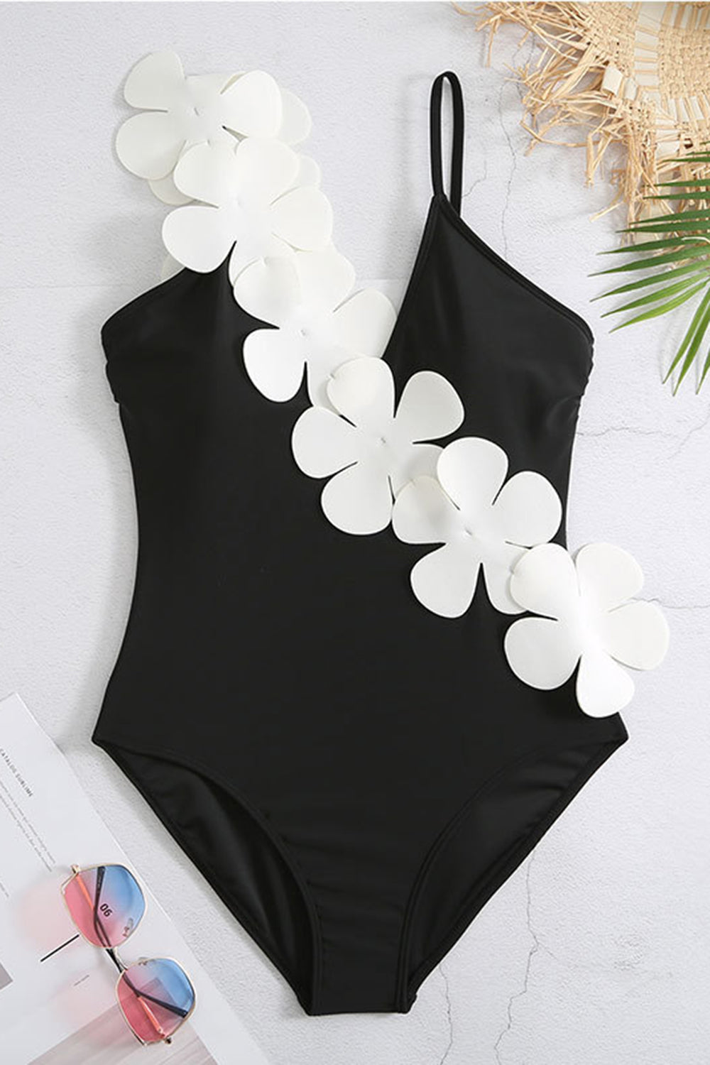 Noir Blanc Une pièce Col V Maillot de Bain de Plage avec Fleurs 3D