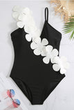 Noir Blanc Une pièce Col V Maillot de Bain de Plage avec Fleurs 3D