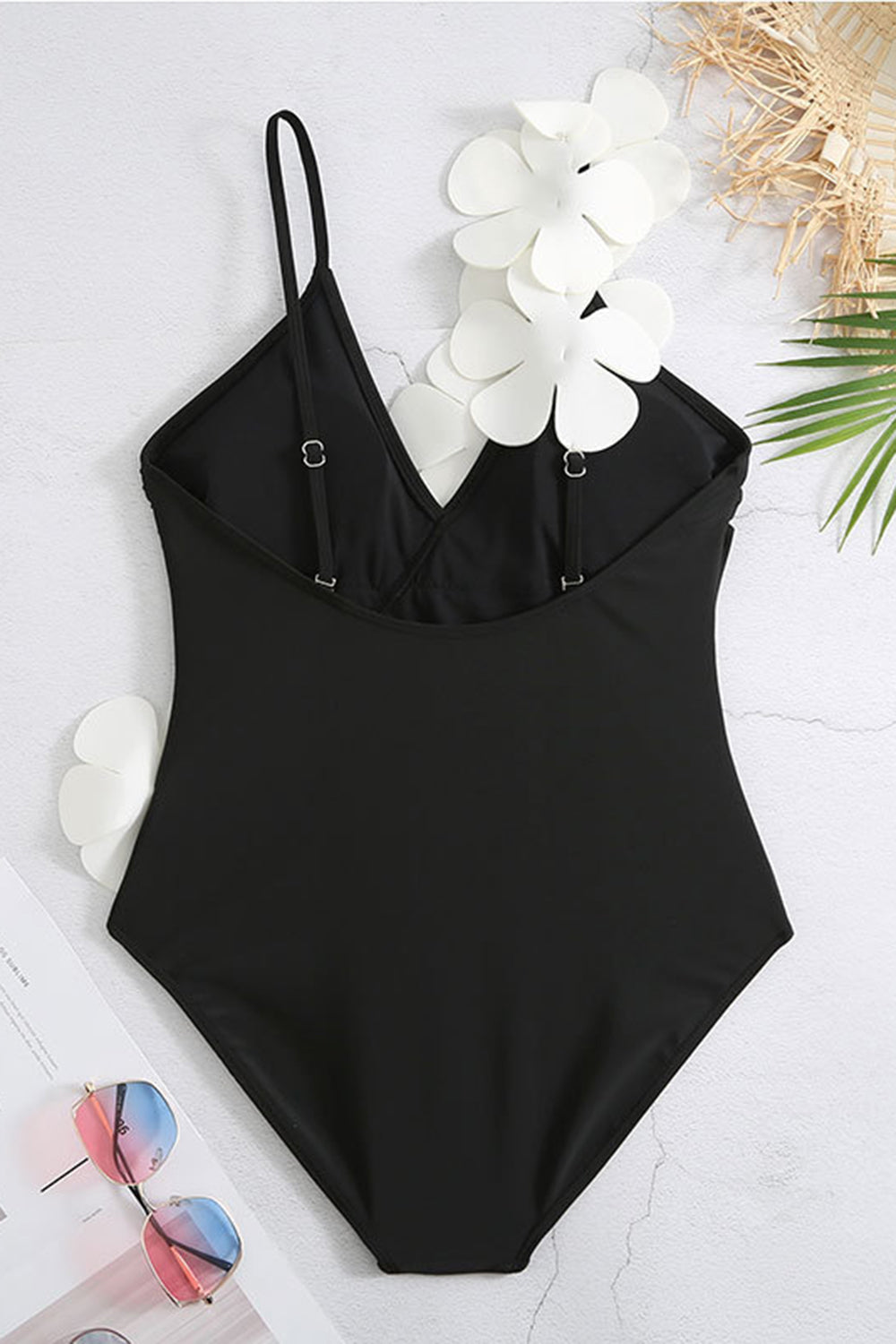 Noir Blanc Une pièce Col V Maillot de Bain de Plage avec Fleurs 3D