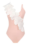 Noir Blanc Une pièce Col V Maillot de Bain de Plage avec Fleurs 3D