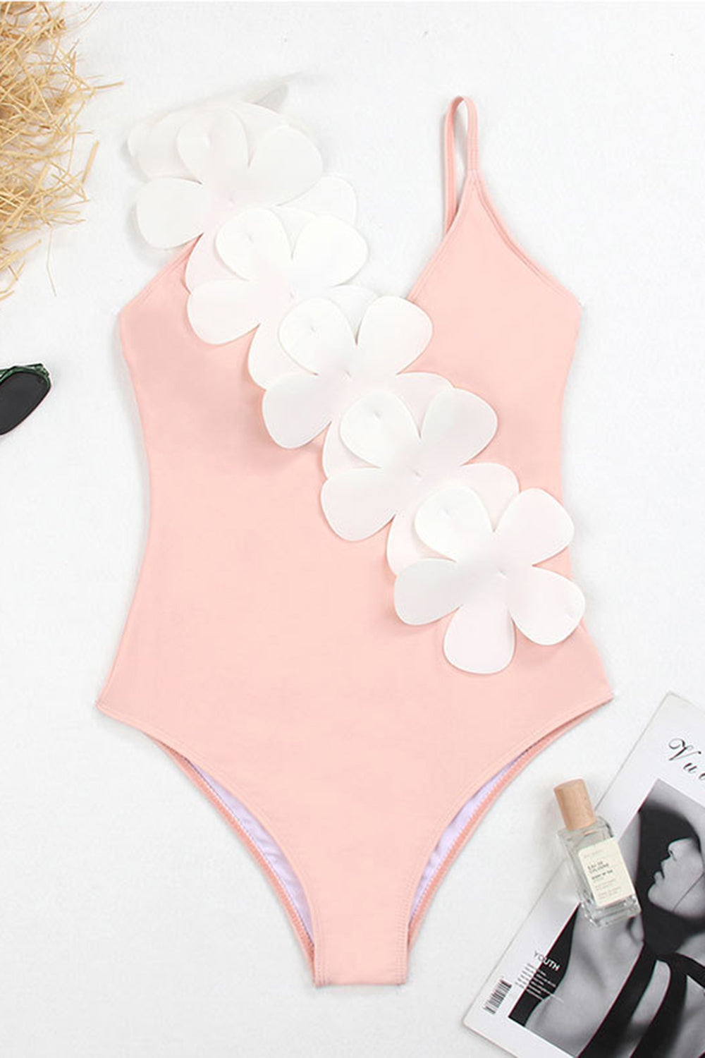 Noir Blanc Une pièce Col V Maillot de Bain de Plage avec Fleurs 3D
